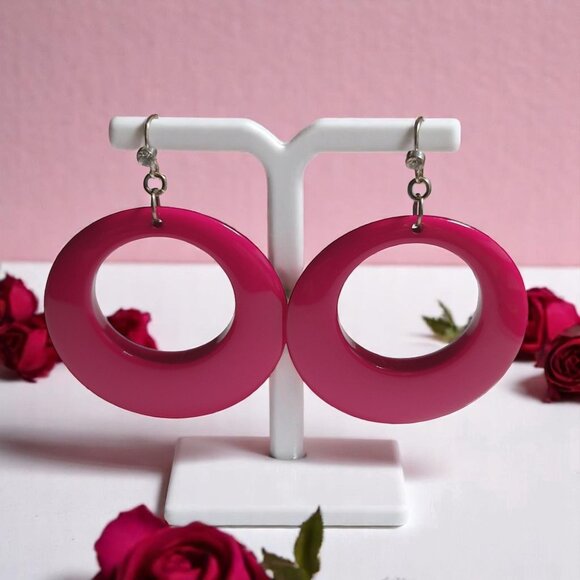 Hot Pink Round Statement Hoop Earrings  Silver Tone Hooks Rhinestone - Picture 1 of 6